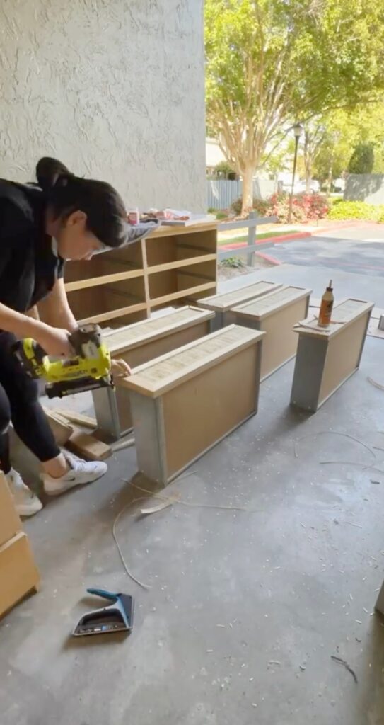 Process for adding rattan to IKEA Malm Dresser - nailing wood frame.